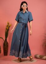 Monstera Embroidered And Cutwork Denim Dress