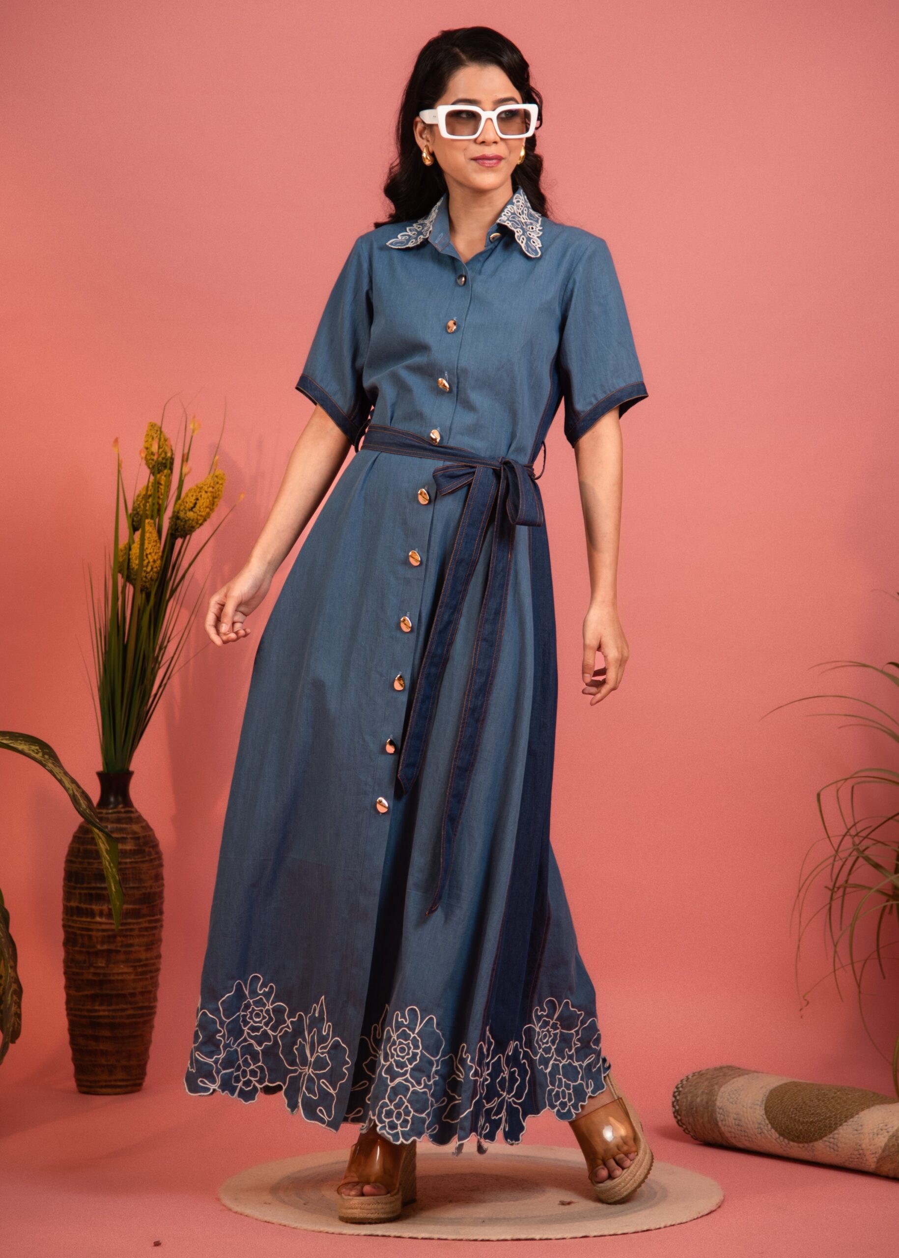 _D754113 Monstera Embroidered And Cutwork Denim Dress - Image 1