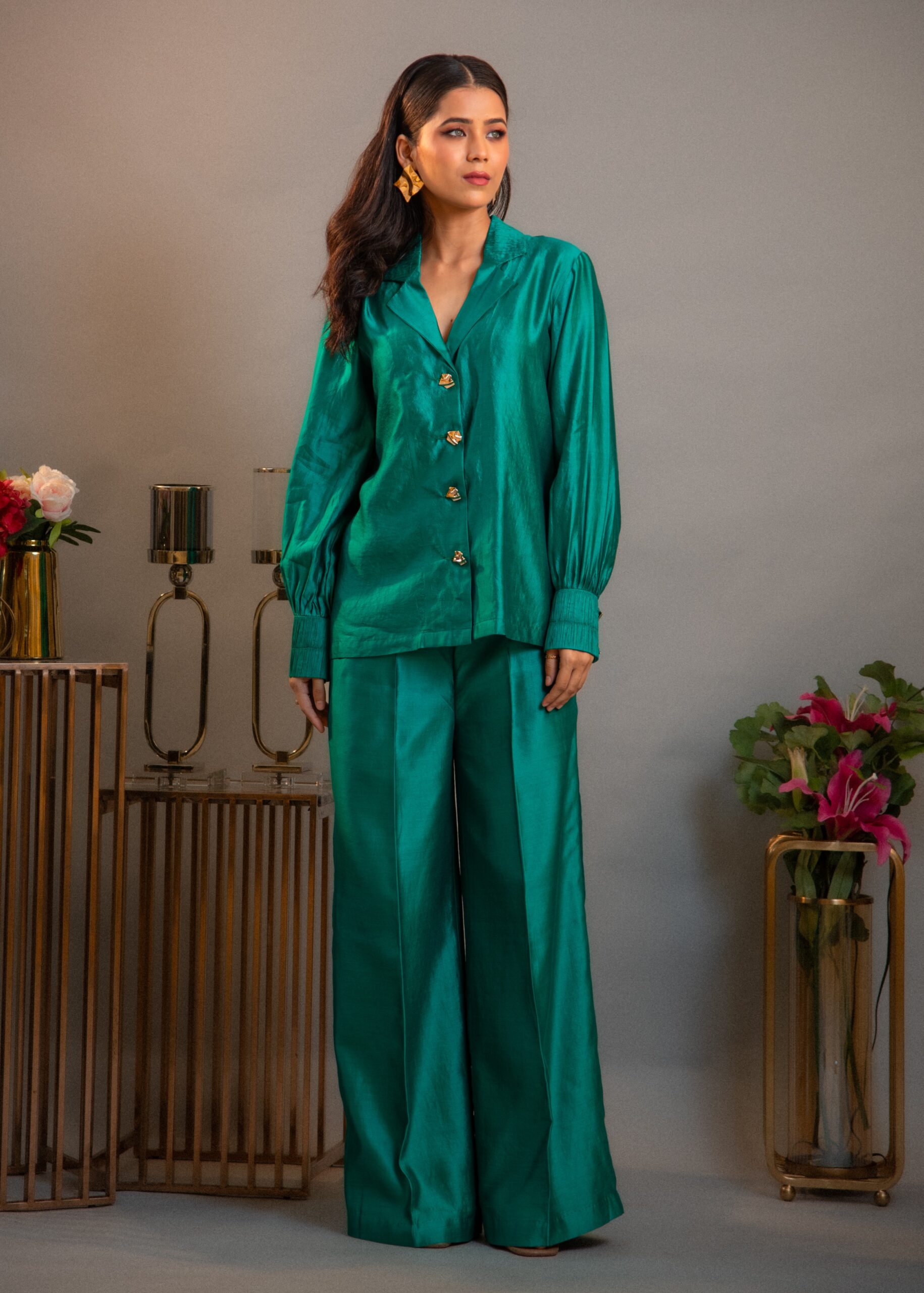 _D754348 Emerald Silk Ruched Co-ord Set - Image 1