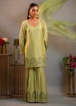 Shaista-Monocrome Green Silk Organza Cutwork Kurta Dupatta Set - Image 2