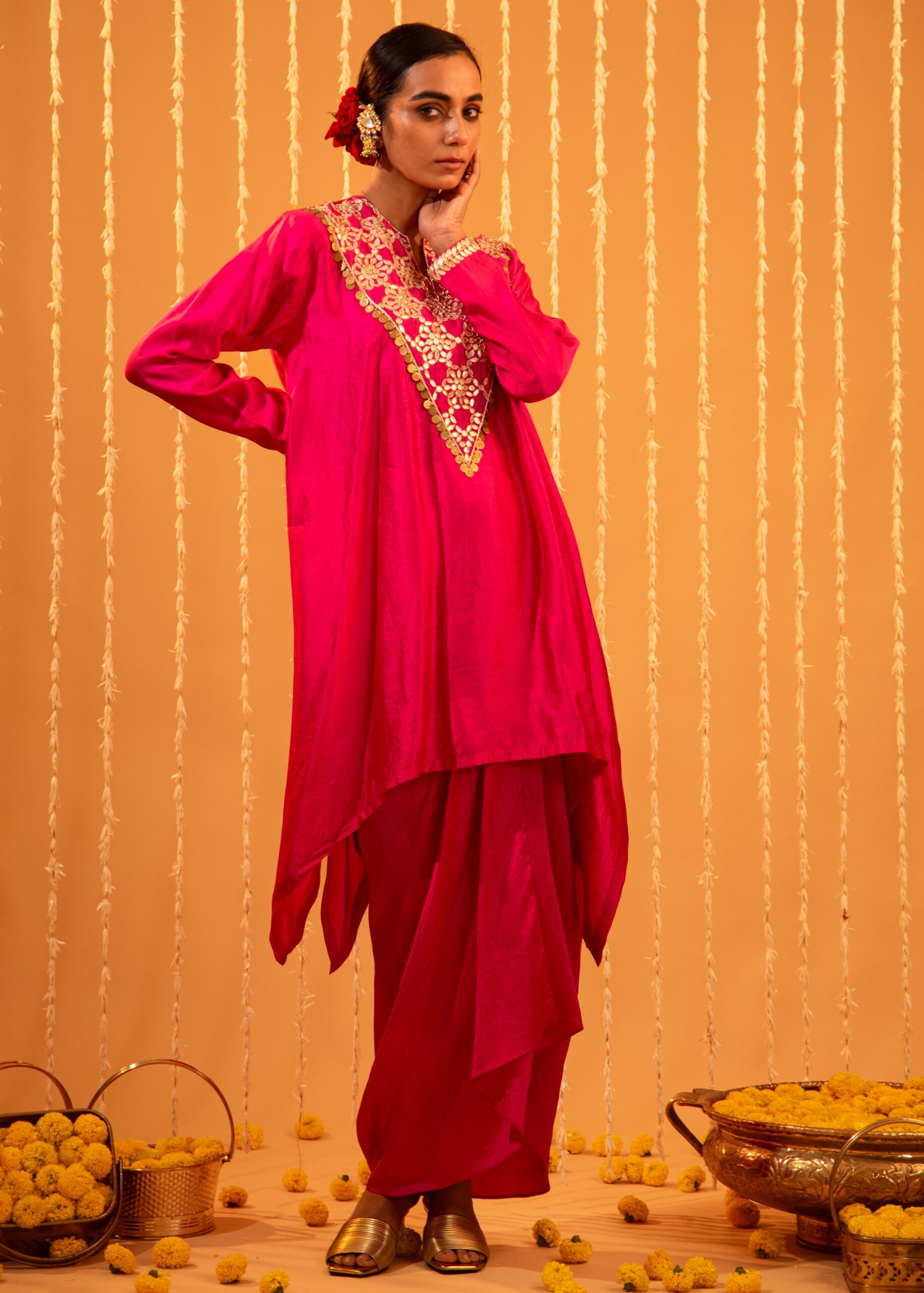 _D754512 Pink Silk Tunic Drape Skirt Set - Image 1