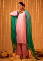 Pink Silk Embroidered Kurta Cape Set