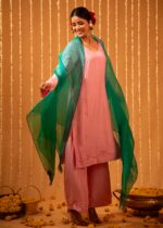Pink Silk Embroidered Kurta Cape Set - Image 3