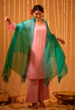 Pink Silk Embroidered Kurta Cape Set - Image 4