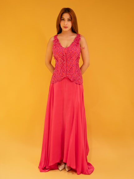 Pink Embellished Vest Top Skirt Set