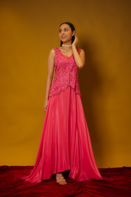 Pink Embellished Vest Top Skirt Set