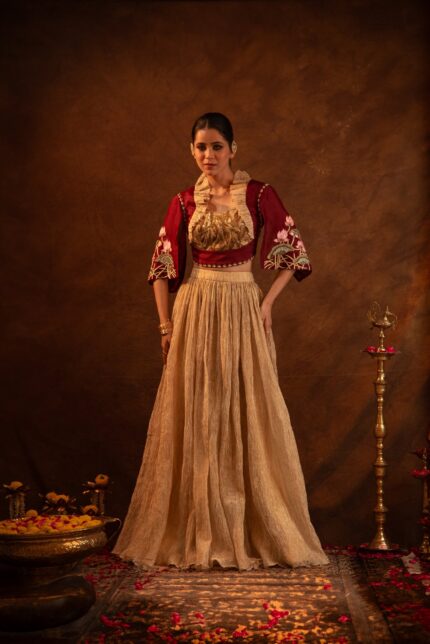 Aureate-Cape Style Embroidered Tissue Skirt Set