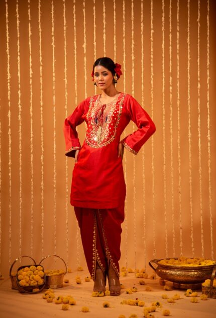 Red Silk Mirror & Gota Patti Dhoti-Style Pants Set