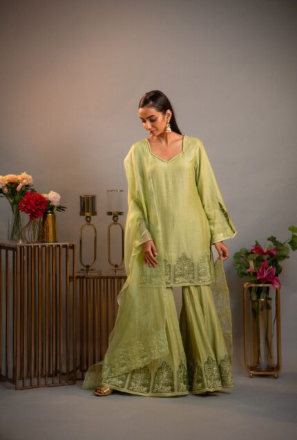 Shaista - Monocrome Green Silk Organza Cutwork Kurta Dupatta Set