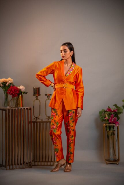 Tangerine Emboridered Blazer Co-ord Set