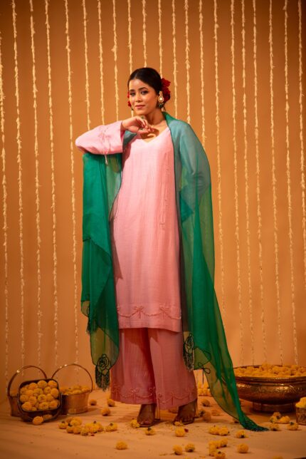 Pink Silk Embroidered Kurta Cape Set