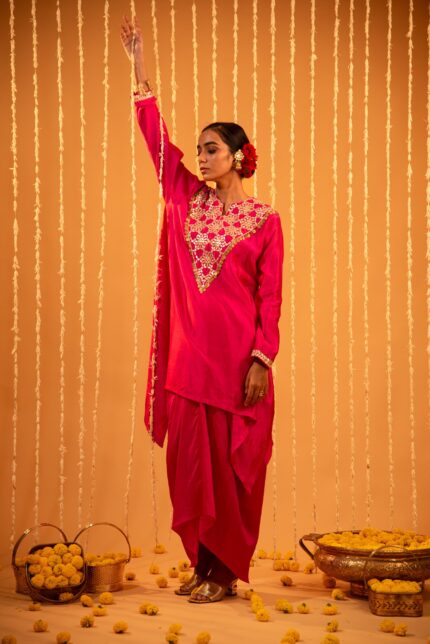 Pink Silk Tunic Drape Skirt Set