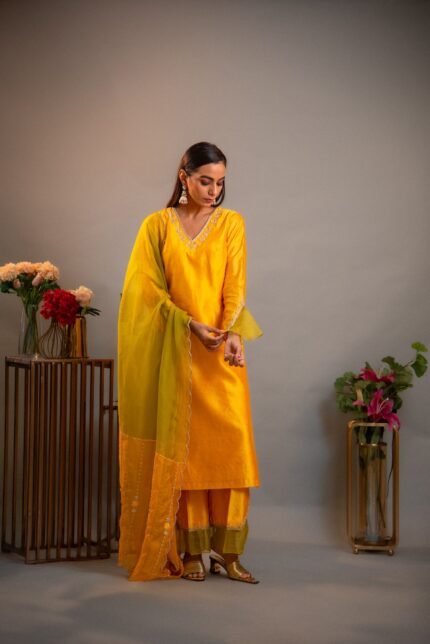 Yellow cutwork Embroidered Kurta Pant Set