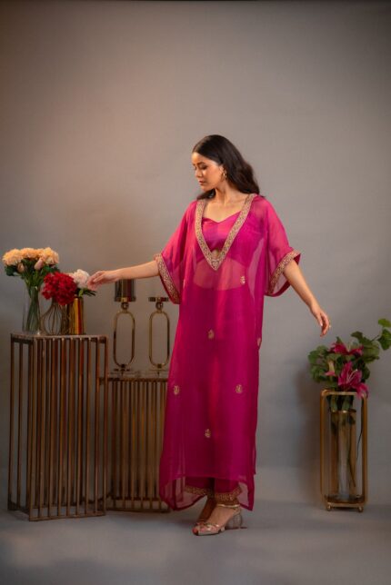 Magenta Organza And Satin Aari- Marodi Kaftan Set