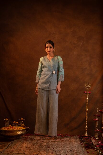 Sea-Green Belted Kimono Style Co-ord Set