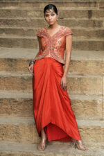 Red Moulded Banarasi kimkhab Silk Top-Skirt Set