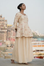 Beige Hand Embroidered Banarasi Silk Peplum Top-Plazzo set - Image 3