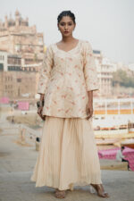 Beige Hand Embroidered Banarasi Silk Peplum Top-Plazzo set