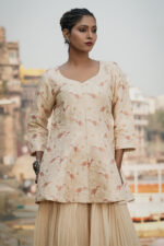 Beige Hand Embroidered Banarasi Silk Peplum Top-Plazzo set - Image 2