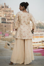 Beige Hand Embroidered Banarasi Silk Peplum Top-Plazzo set - Image 4