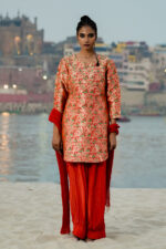Red Embroidered Banarasi Silk Brocade Kurta Set