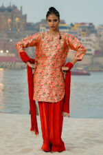 Red Embroidered Banarasi Silk Brocade Kurta Set - Image 3
