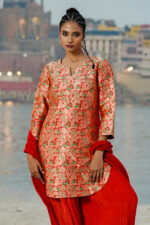 Red Embroidered Banarasi Silk Brocade Kurta Set - Image 2