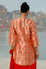 Red Embroidered Banarasi Silk Brocade Kurta Set - Image 4