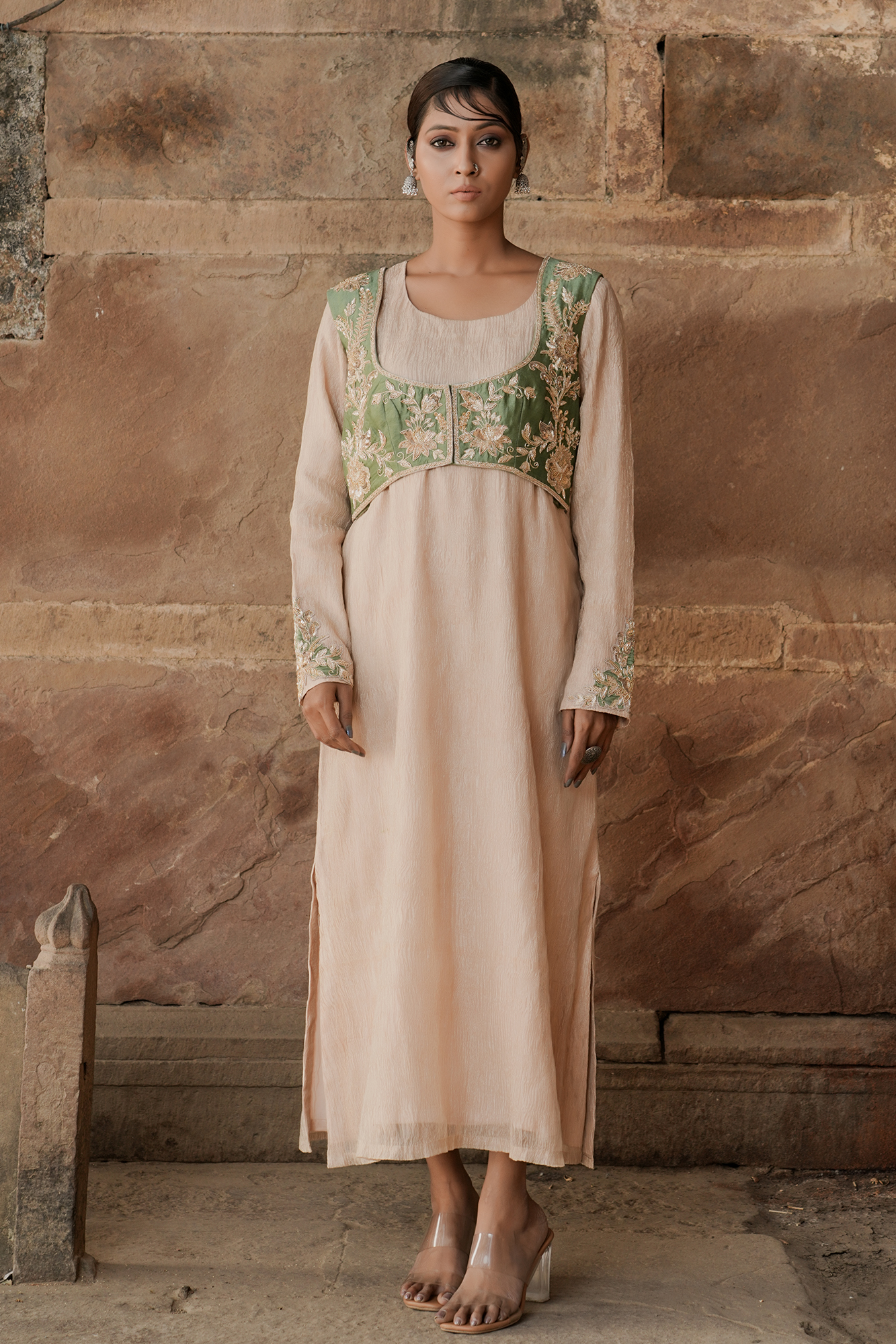 59 Banarasi Gold Tissue Jacket Style Long Kurta Dress - Image 1