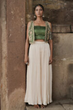 Green Silk Hand Embroidered Jacket & Plazzo Set - Image 2