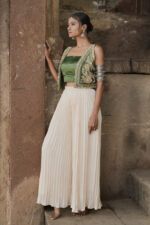 Green Silk Hand Embroidered Jacket & Plazzo Set - Image 3