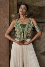 Green Silk Hand Embroidered Jacket & Plazzo Set - Image 4