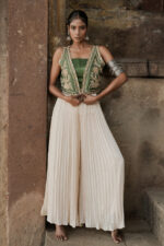 Green Silk Hand Embroidered Jacket & Plazzo Set