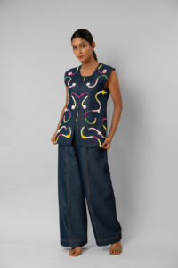 Denim Abstract Embroidered Top - Image 4