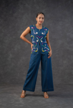 Denim Abstract Embroidered Top And Denim Modish Trouser Set