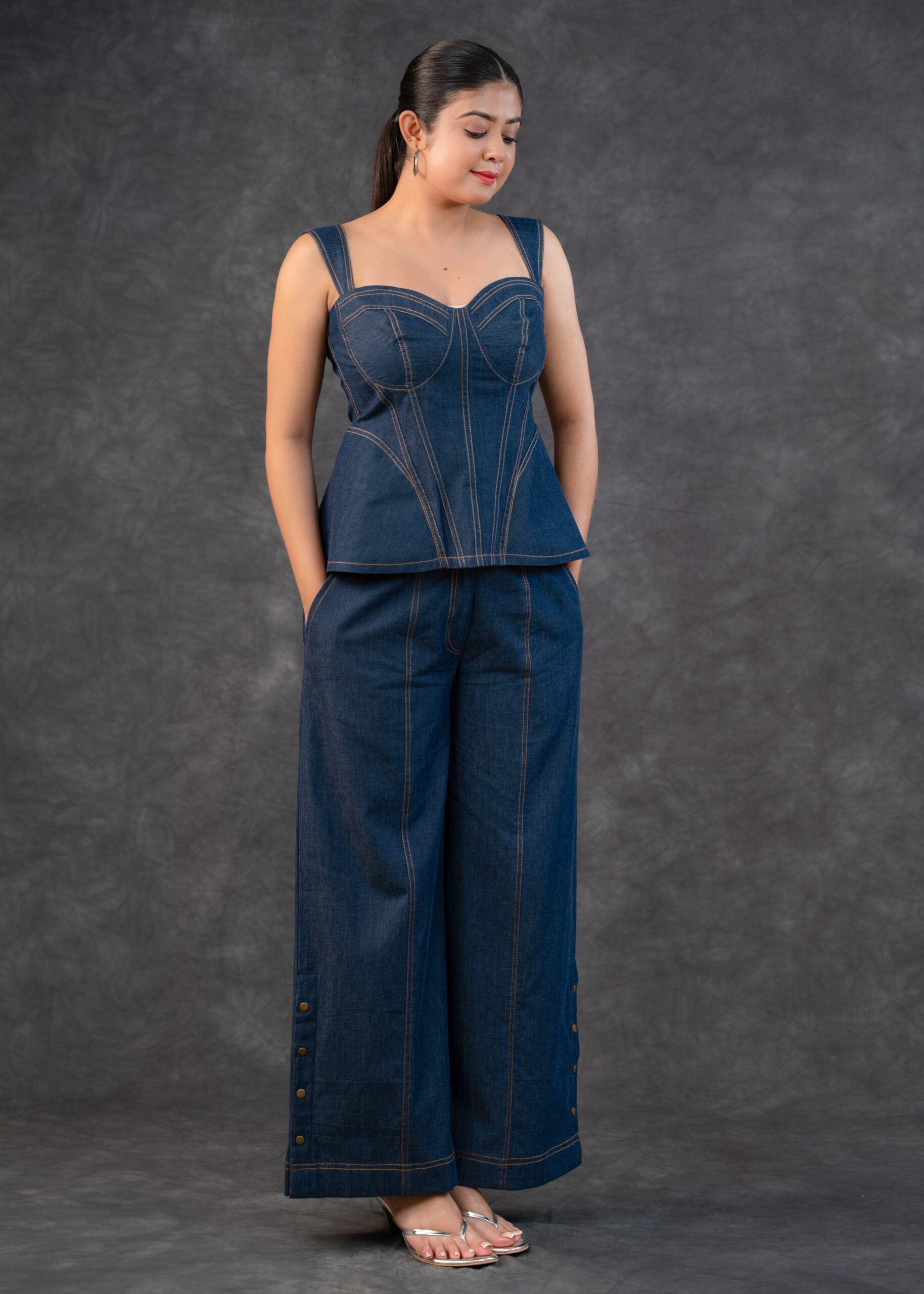 DSC01871 Structured Denim Corset Top And Modish Slit Pant Set - Image 1