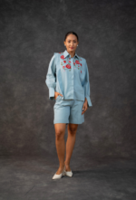 Denim Embroidered Floral Shirt And Short Set