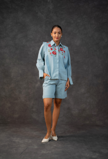 Denim Embroidered Floral Shirt And Short Set