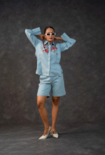 Denim Embroidered Floral Shirt And Short Set - Image 2