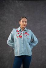 Denim Embroidered Floral Shirt - Image 3