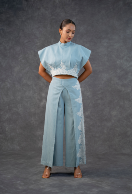 Denim Sky Blue Sculptured Top And Trouser Set