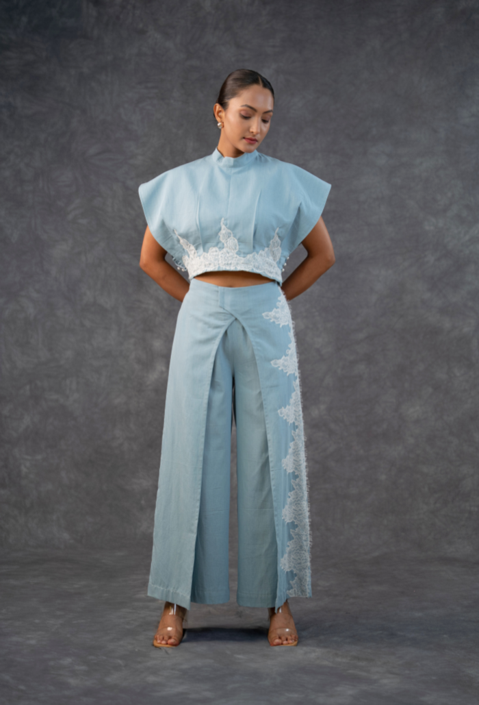 Untitled design_20260730_140453_0000 Denim Sky Blue Sculptured Top And Trouser Set - Image 1