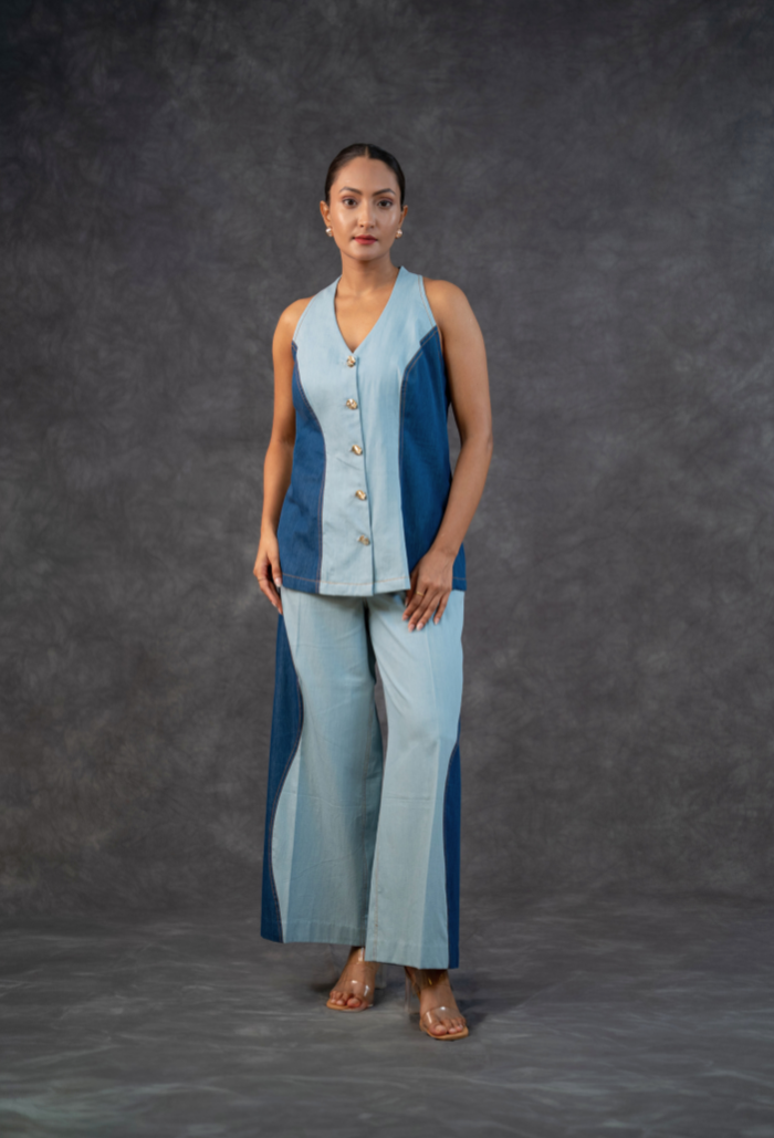Untitled design_20260730_141449_0000 Halter Neck Button-up Denim Vest Top And Double Shade Trouser set - Image 1