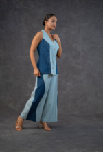Halter Neck Button-up Denim Vest Top And Double Shade Trouser set - Image 3