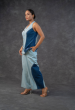 Halter Neck Button-up Denim Vest Top And Double Shade Trouser set - Image 2