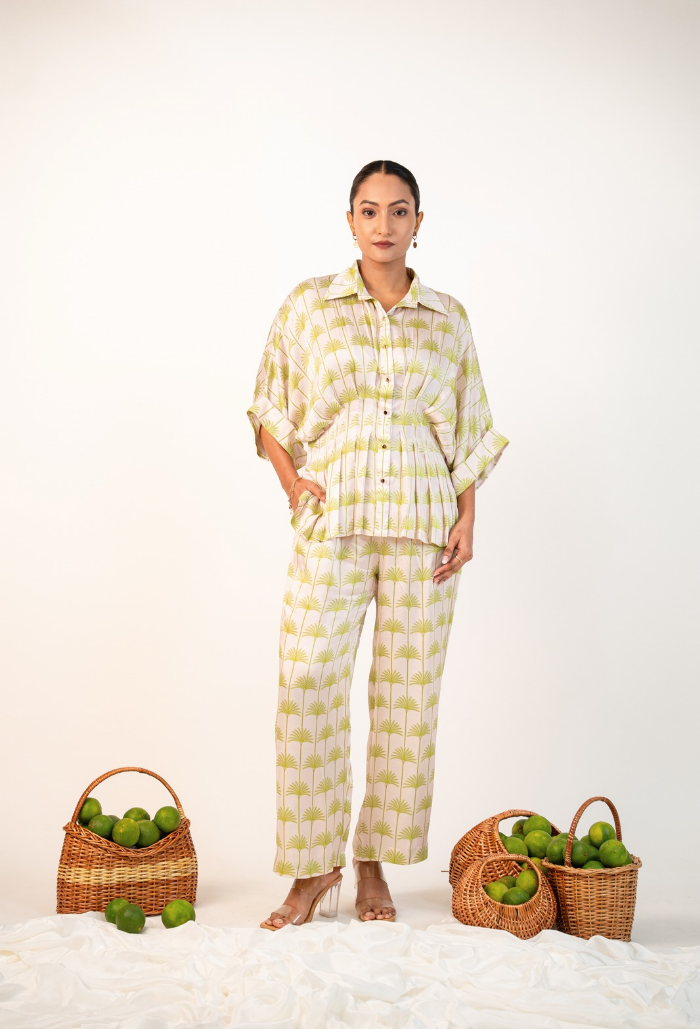 20260730_172218_0000 Palm Printed Modal Satin Cinched Co-ord set - Image 1