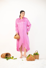 Pink Striped Pearl- Button Shirt Dress