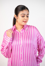 Pink Striped Pearl- Button Shirt Dress - Image 2