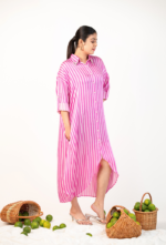 Pink Striped Pearl- Button Shirt Dress - Image 3