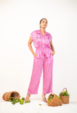 Embellished Zipper up Shirt With Striped Pant Set